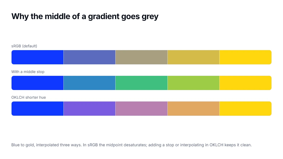 Why the middle of a gradient goes grey. Blue to gold, interpolated three ways. In sRGB the midpoint desaturates; adding a stop or interpolating in OKLCH keeps it clean.