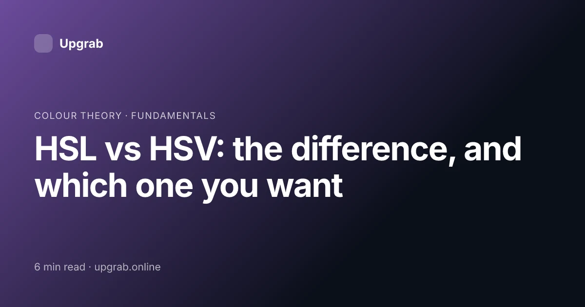 Title card for the article “HSL vs HSV: the difference, and which one you want”, filed under colour theory.