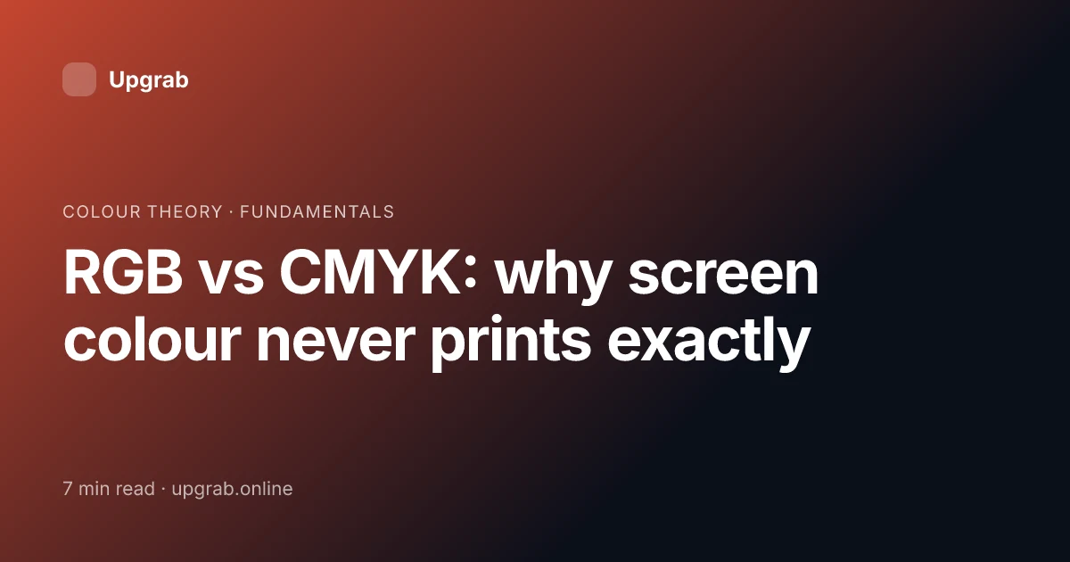 Title card for the article “RGB vs CMYK: why screen colour never prints exactly”, filed under colour theory.